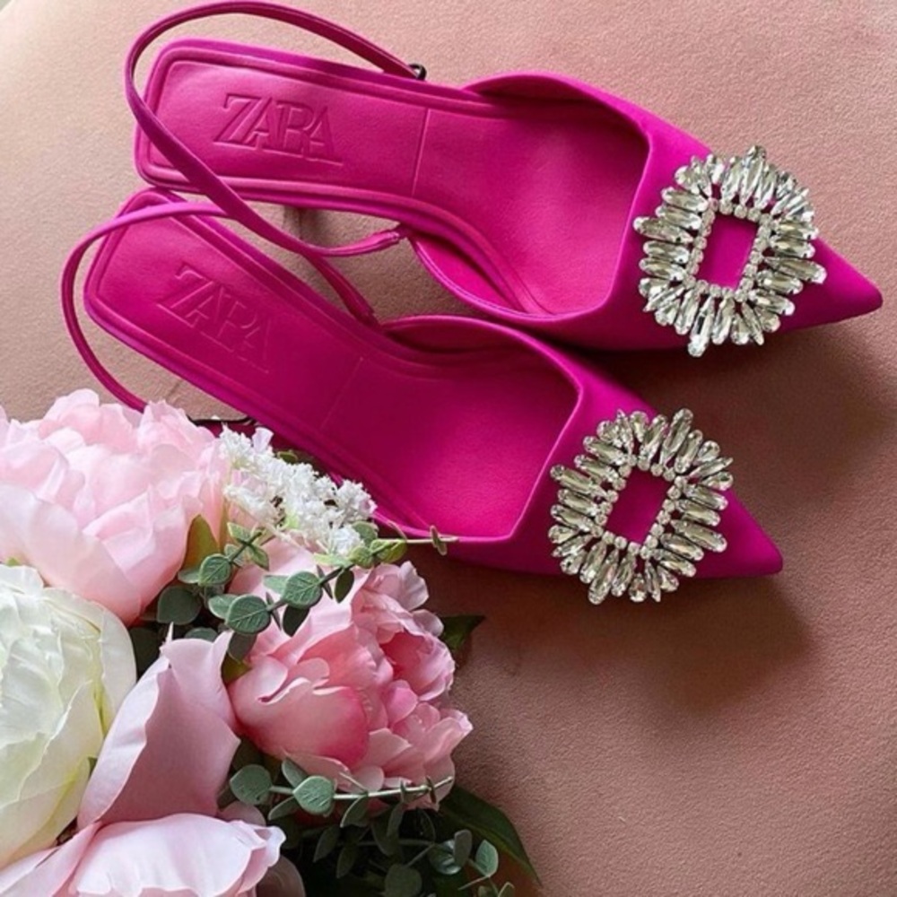 Zara Bright Pink Crystal-Embellished Slingback Flats